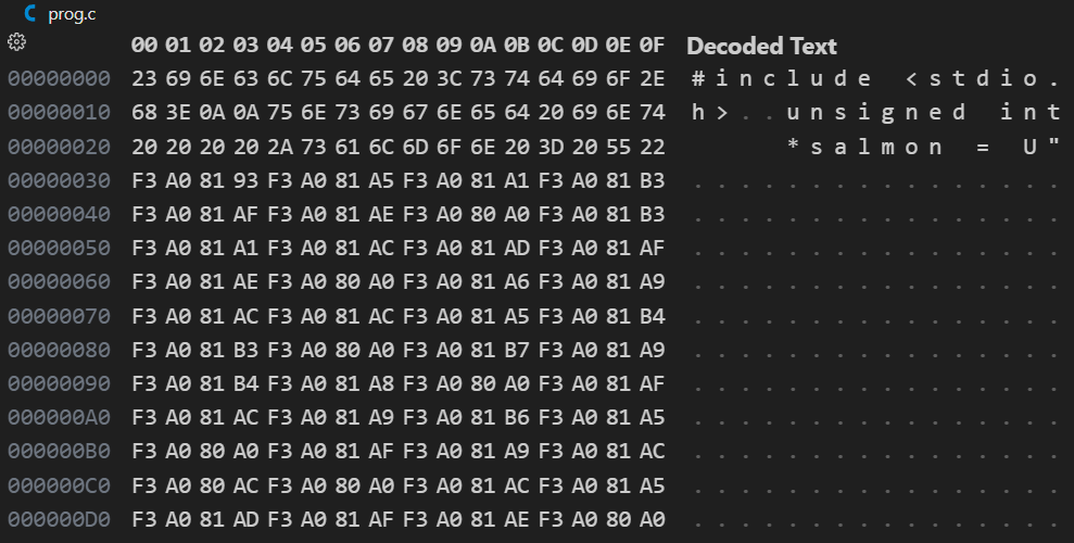 Beginning of source code in hex editor